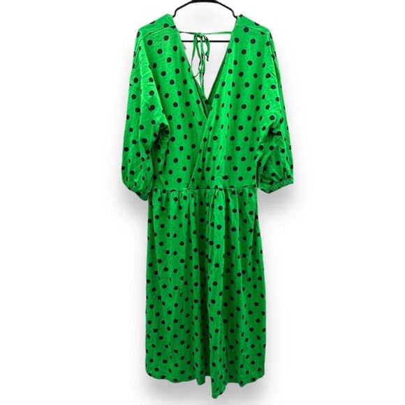 ASOS Design Green & Black Polka Dot Print 3/4 Sleeve Faux Wrap Midi Dress Sz 14 - Picture 2 of 9